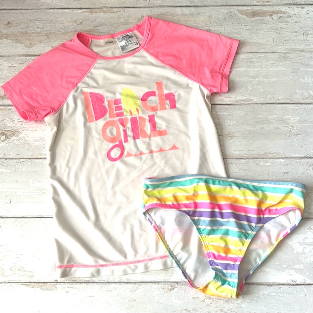 Old Navy 10/12 Swimsuit Rashguard Swim Shirt Pink Rainbow Stripes Size 10 12